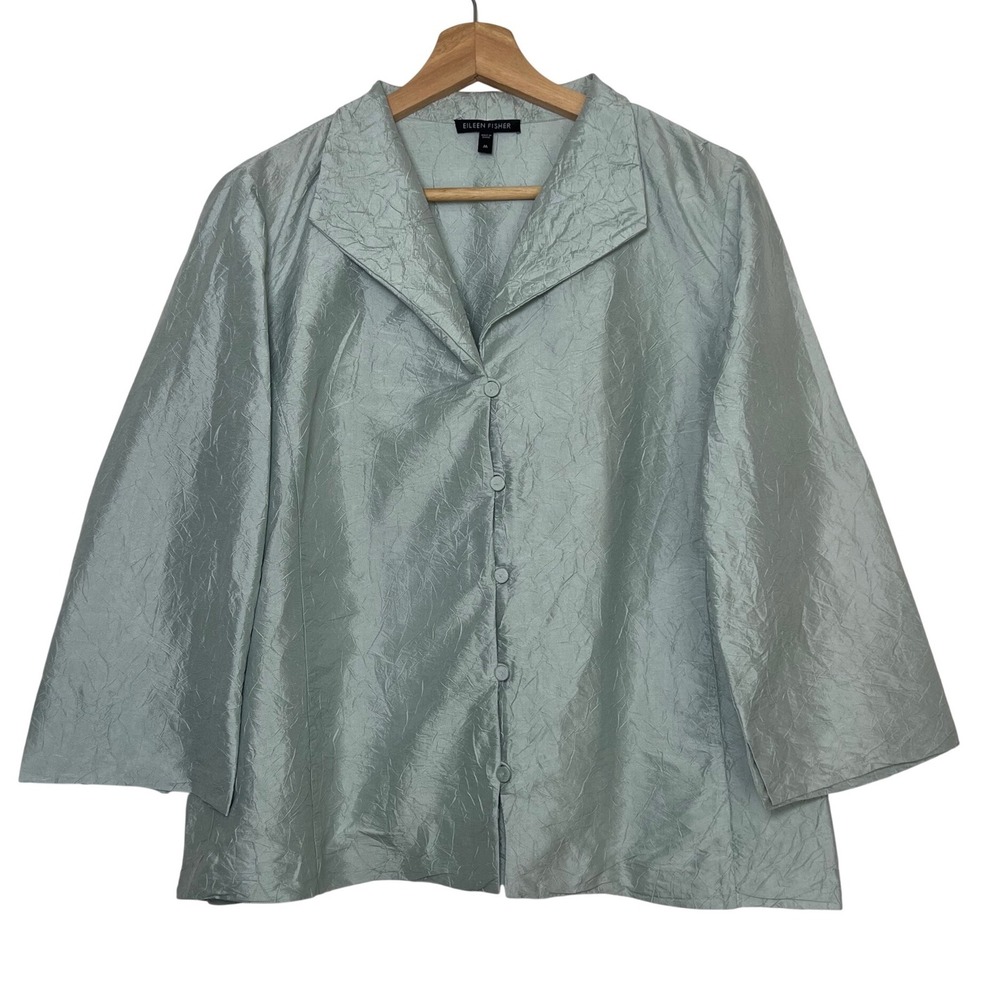 Eileen Fisher Crinkle Silk Button Front Top Women M Sage Green 3/4 Sleeve Blouse